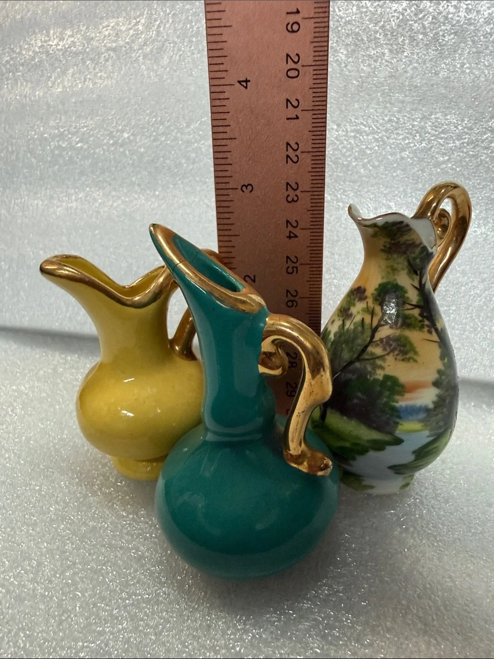 Set of 3 Miniature Porcelain Pitchers Gold Trim Landscape Vase Decor